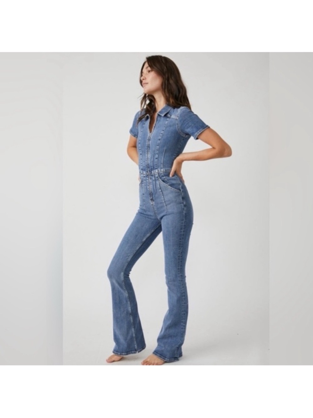 We The Free People Jayde Flare Jumpsuit Denim Size Small